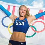 Sandi Morris Female athlete holding a USA flag and celebrating in front of Olympic rings