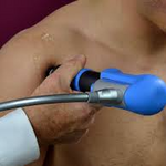 Radial shockwave therapy applied to shoulder for noninvasive pain relief and soft tissue healing treatment