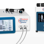 Radial shockwave therapy machine by Shockwave Centers of America with applicator and touchscreen used for musculoskeletal pain treatment