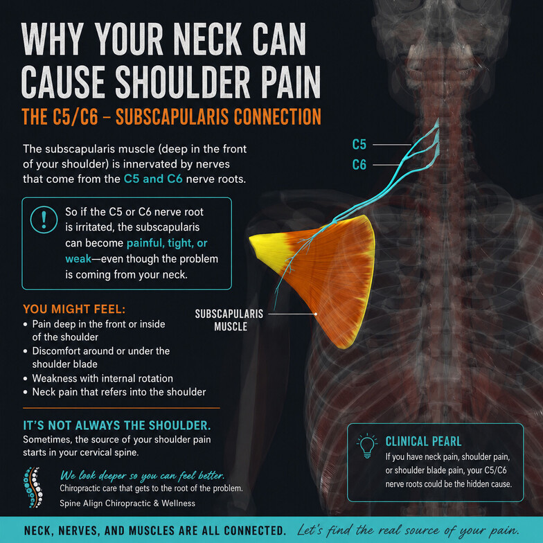 Diagram showing how C5 and C6 nerve irritation can cause shoulder and subscapularis pain