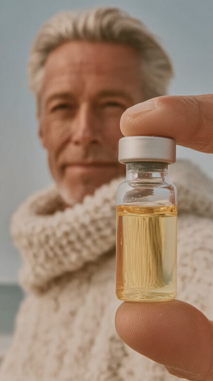 man holding vial with clear liquid