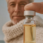 man holding vial with clear liquid