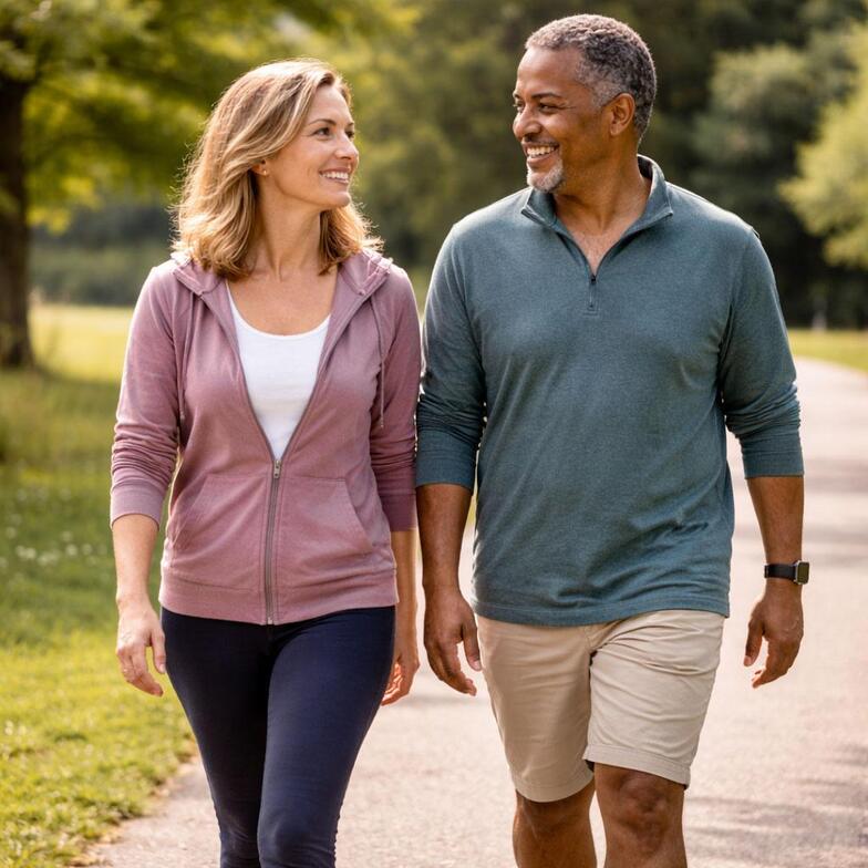 Active middle aged couple walking outdoors for health and wellness.